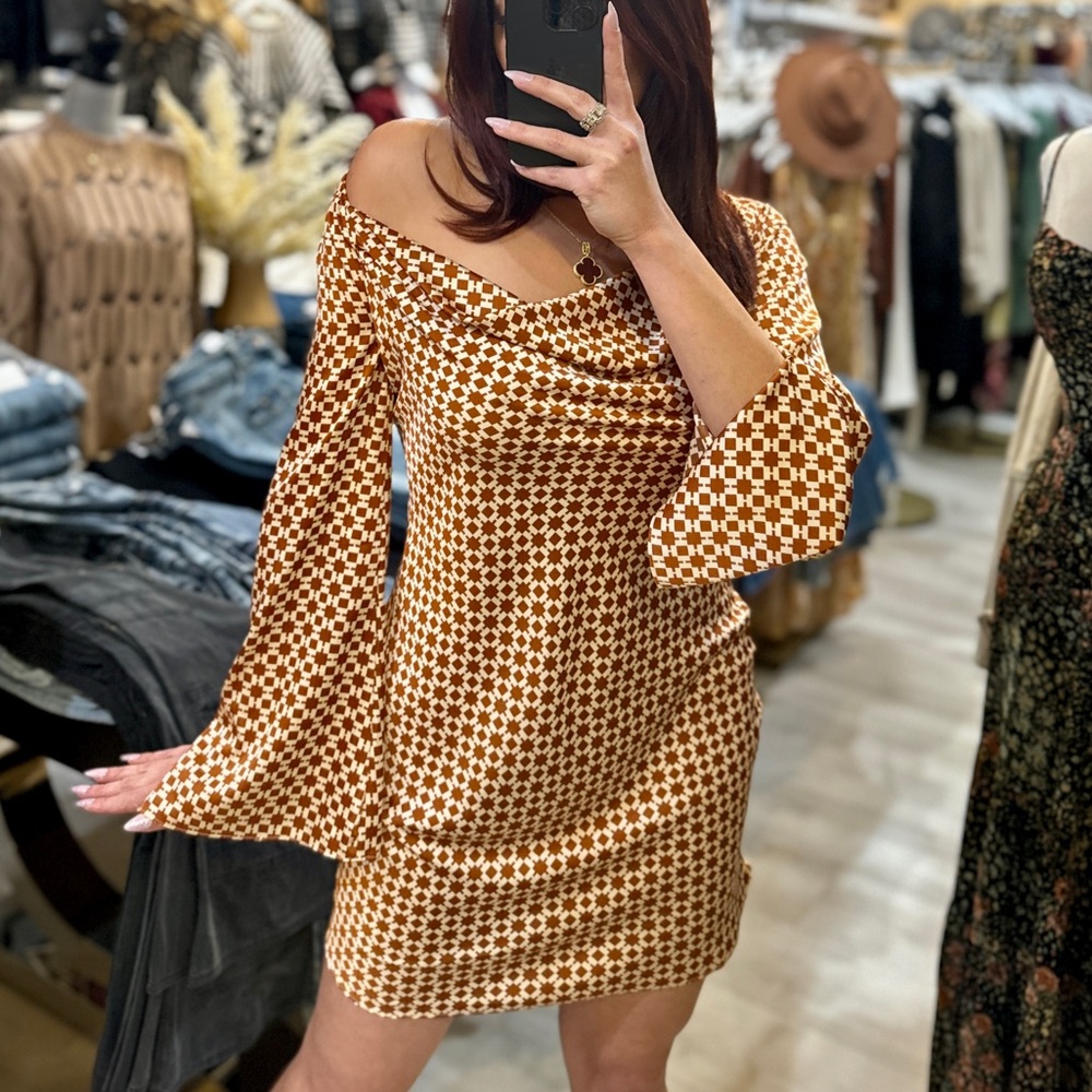 Cowl Neck Long Sleeve Mini Satin Dress